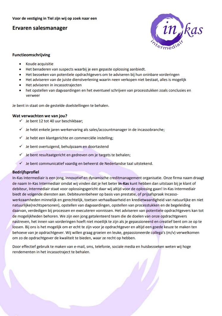 Vacature ervaren sales manager